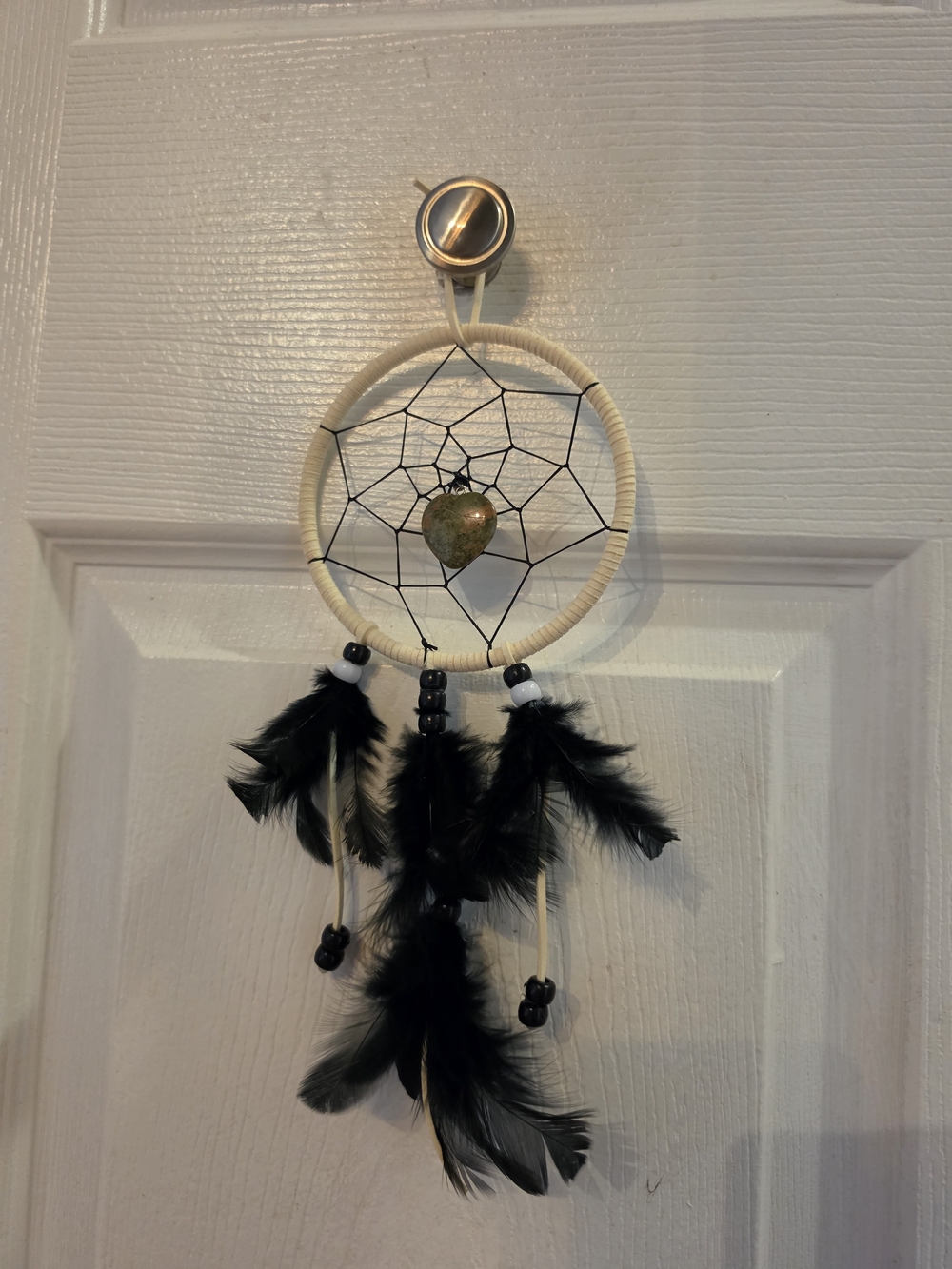 Handmade Black Feather Dreamcatcher with Mossy Agate Accent